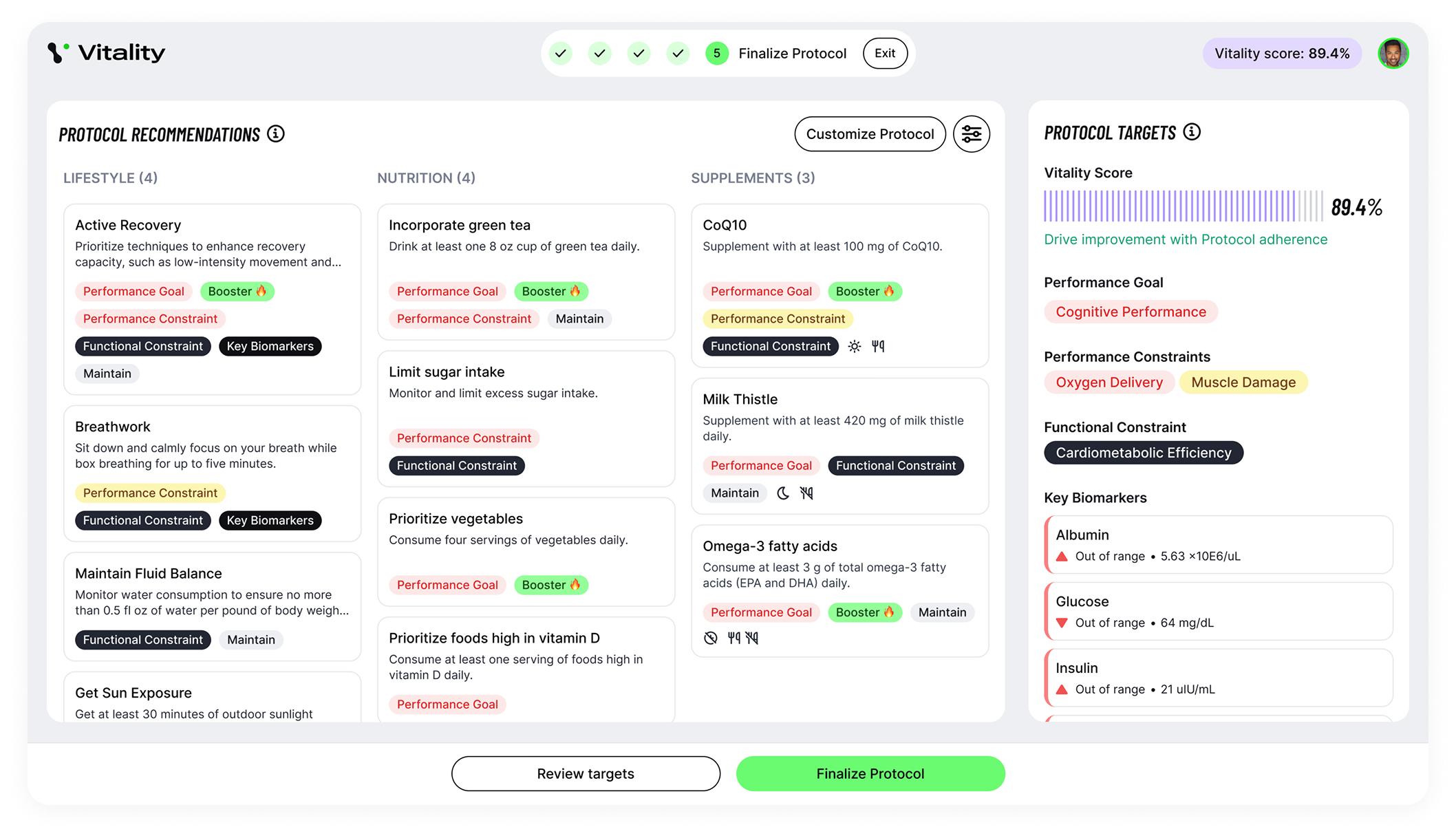 Vitality Blueprint bloodwork for coaches protocol screen: 11 recommendations across lifestyle, nutrition, and supplements mapped to the client's biomarker constraints