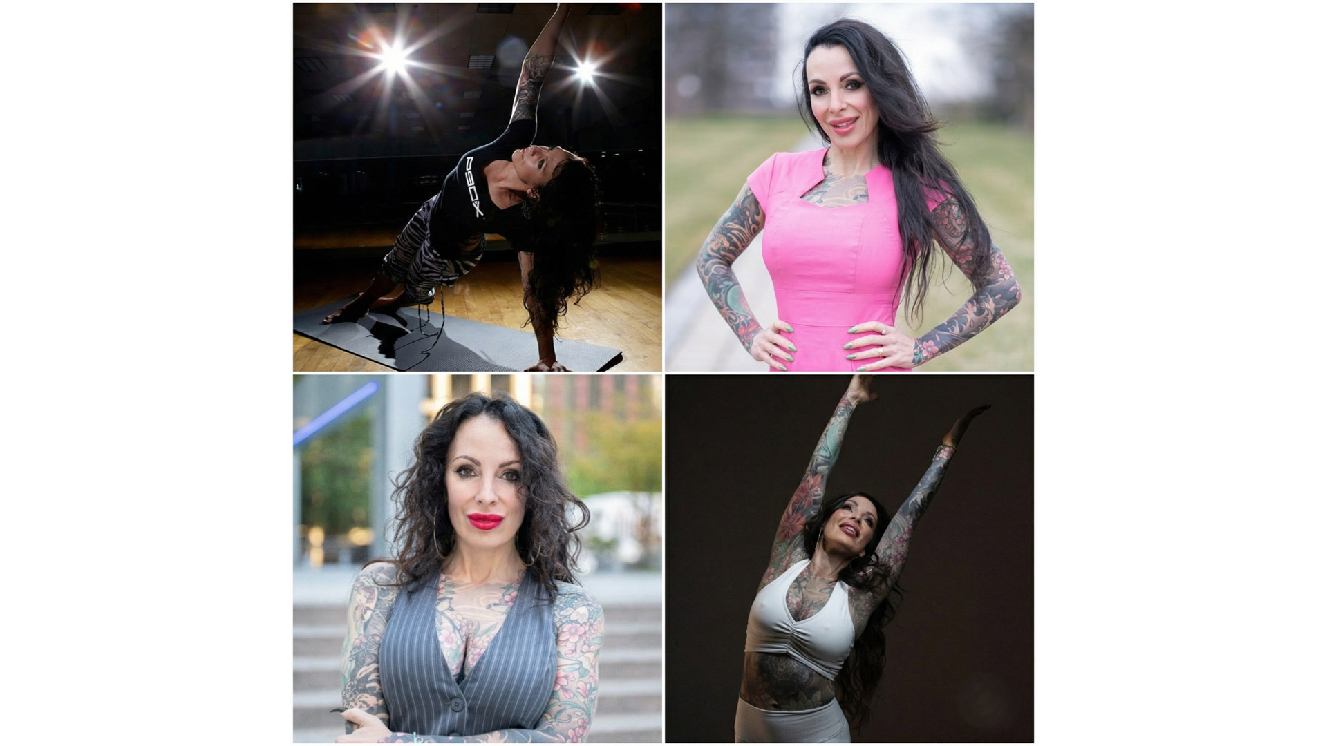 Ellen de Werd, WARRIOR Rhythm group fitness founder, in four settings: studio movement, professional portraits, and performance — showing the range behind the brand