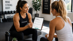 Fitness coach conducting a precision intake assessment with a new client — movement screen and goal discovery