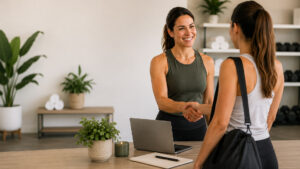 Fitness coach greeting a member by name before class — standardized coaching member retention 2026