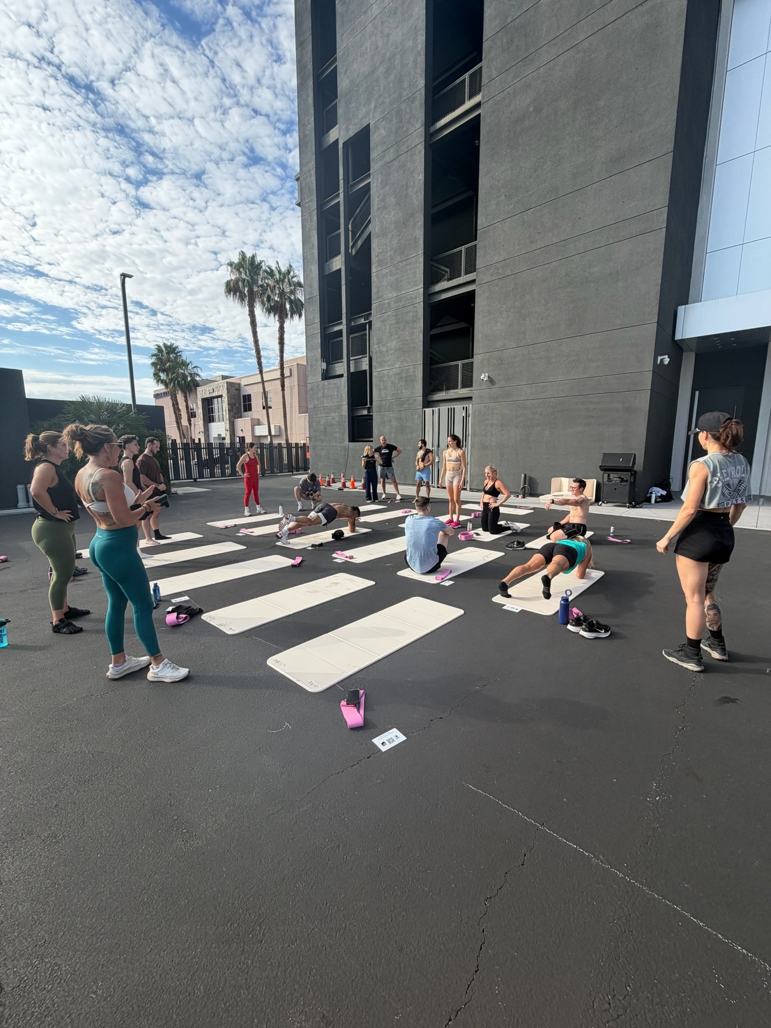Attendees at an outdoor Move & Mingle workout session in Las Vegas