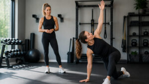 Fitness coach observing a client perform a slow overhead reach and thoracic rotation during a movement screen
