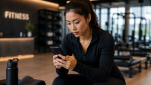 Fitness coach reviewing booking app settings and cancellation policy on a tablet.
