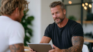Fitness coach reviewing client intake form on a tablet — digital onboarding personal trainer best practices