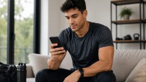 Fitness coach reviewing job listings for longevity, hybrid, and boutique coaching roles.