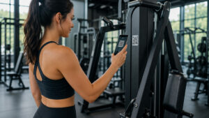 Gym member scanning a QR code placed on a strength training machine with a smartphone