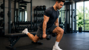 Personal trainer observing a client performing a rear-foot-elevated split squat in a training studio.