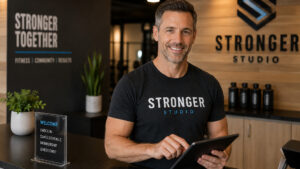 A studio manager reviewing a new member onboarding checklist at the front desk of a fitness studio