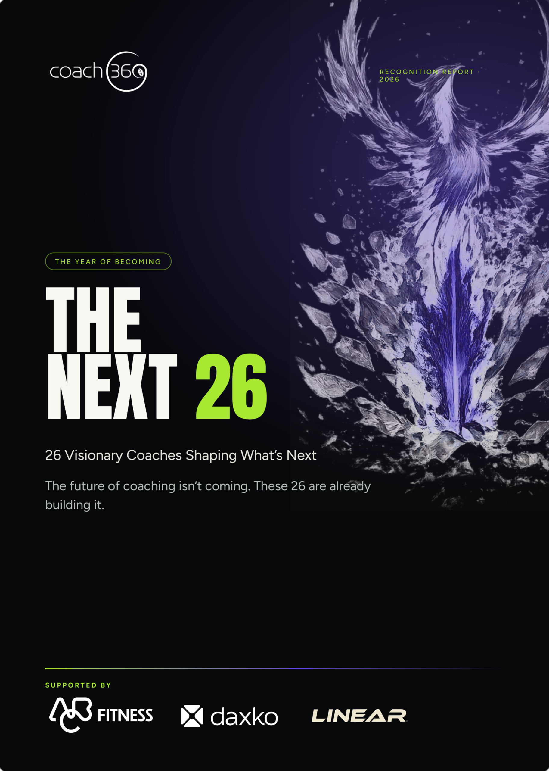 The Next 26 report cover: 26 Visionary Coaches Shaping What's Next, Coach360 Recognition Report 2026
