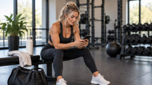 Personal trainer checking their social media profile on a phone before a job interview.