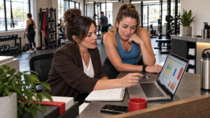 Gym operator and coach reviewing a schedule and payroll figures on a laptop at a front desk