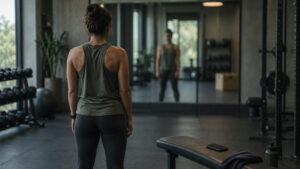 Fitness coach seen from behind in an empty gym, facing a mirrored wall, phone with a social feed face down beside them