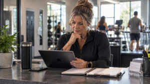 Gym manager reviewing a weekly member retention and attendance report at the front desk