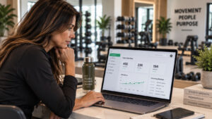 Gym operator reviewing a class schedule and attendance data on a tablet in a fitness studio.