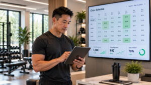Gym operator reviewing member visit and booking reports on a laptop dashboard.