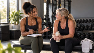 Fitness coach in conversation with a midlife female client in a bright training studio.