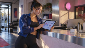 Fitness coach reviewing a scheduling and retention dashboard on a tablet at a studio front desk