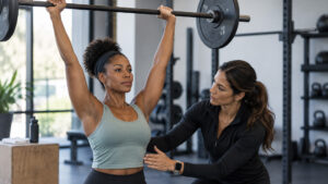 Personal trainer assessing a client's overhead reach against a wall before an overhead press