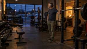 Independent gym owner standing alone in an empty strength gym after closing, looking across the training floor