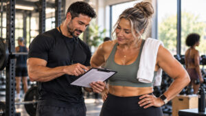 A personal trainer reviewing a strength log with a client between sets in a bright gym, both focused on the notebook.