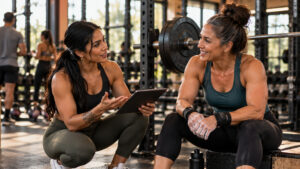 Coach talking with a midlife female client between sets of strength training in a gym.
