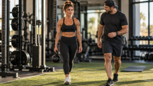 Personal trainer coaching a client through a suitcase carry on gym turf