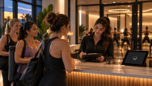 Studio front-desk lead managing a manual check-in clipboard while members arrive during a software outage