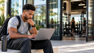 Job seeker reviewing a gym's career page and schedule before an interview