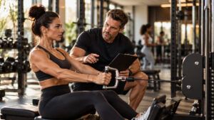 Personal trainer observing a client’s shoulder position during a seated cable row in a gym.