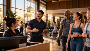 Fitness club manager coaching a diverse group of front-desk and training staff on the gym floor.